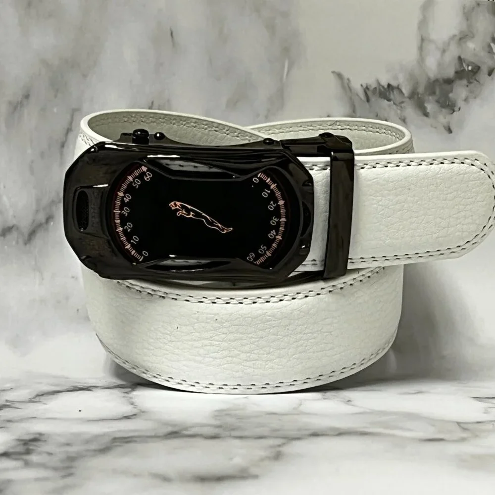 White‎ Leather Ratchet Belt Automatic Buckle Fits 28in-50in Blue Adjustable New